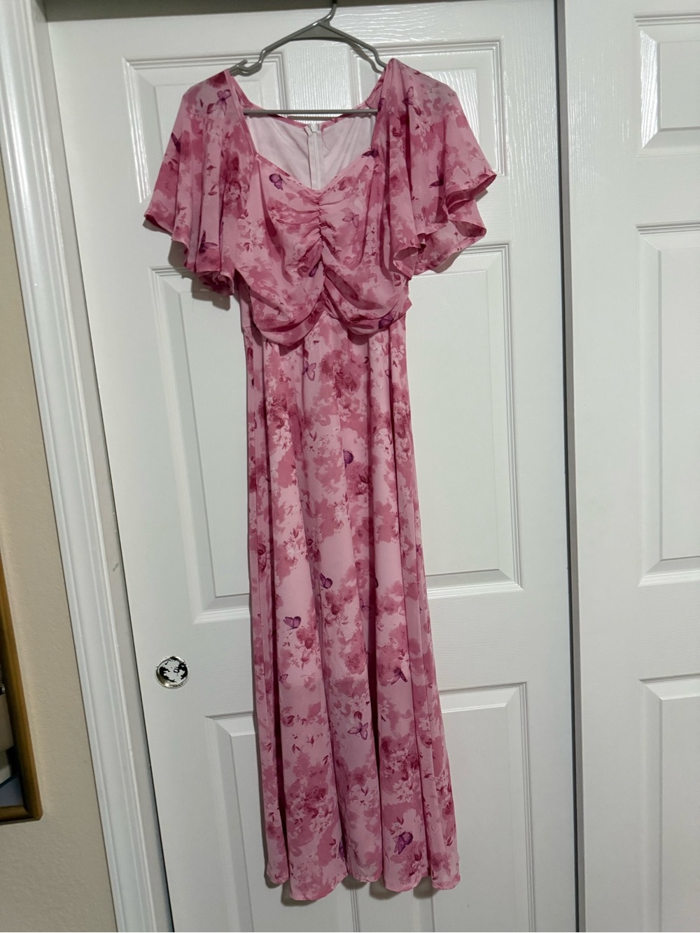 SHEIN Pink Floral Ruched Flutter-Sleeve Maxi Dress